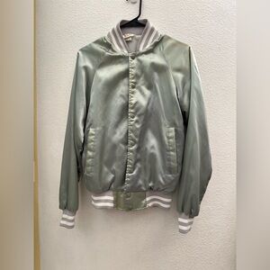 Vintage 70's Silver Satin Bomber Jacket with Striped Gray Trim